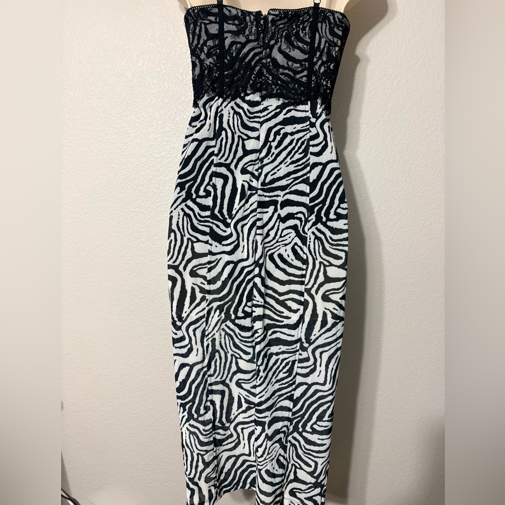Mesh Body con Semi Sheer Black White Zebra Print Dress w Bustier Type Lace Top - Picture 6 of 13